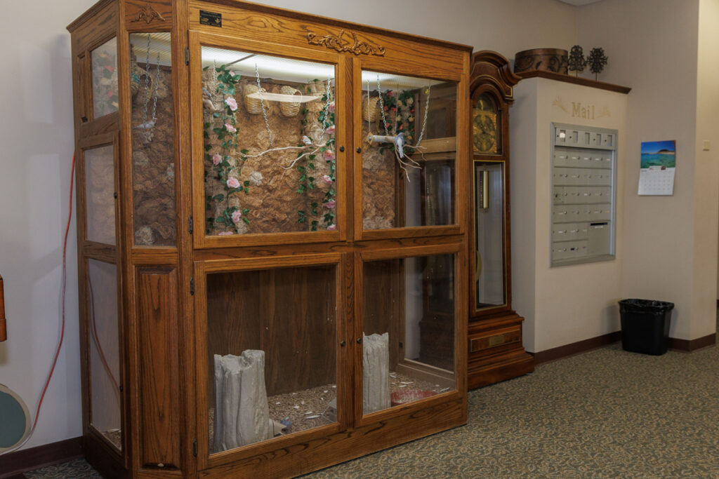 Decorative aviary enclosure and mailboxes at Westhaven Community in Boone, Iowa located in a common hallway area.