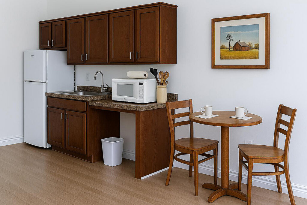 Kitchenette with cabinets, refrigerator, sink, microwave, and small dining table, representing apartment features similar to Westhaven Community in Boone, Iowa.
