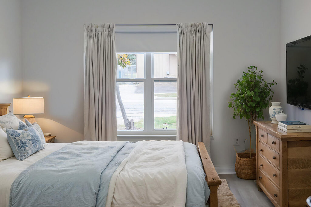 Bedroom with large window, bed, dresser, and natural light, representing senior living apartment space similar to Westhaven Community in Boone, Iowa.