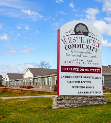 Westhaven Community senior living sign and campus in Boone, Iowa showing independent living, assisted living, and nursing care.